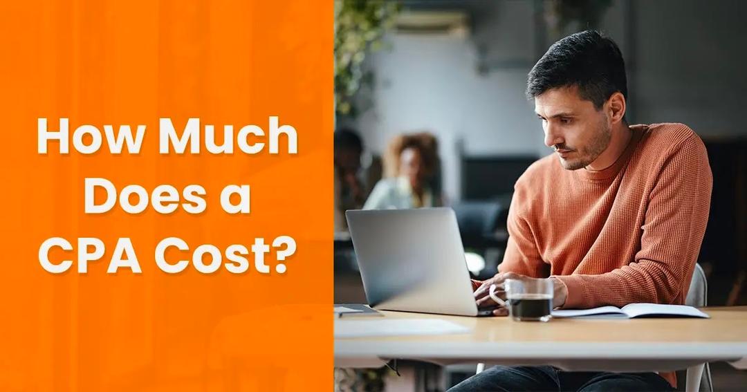 A person in an orange sweater working on a laptop next to an orange caption that reads, "How Much Does a CPA Cost?.