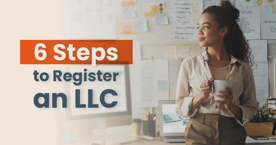 Young business woman standing near her work desk while holding a cup of coffee and thinking about the steps to register an LLC.
