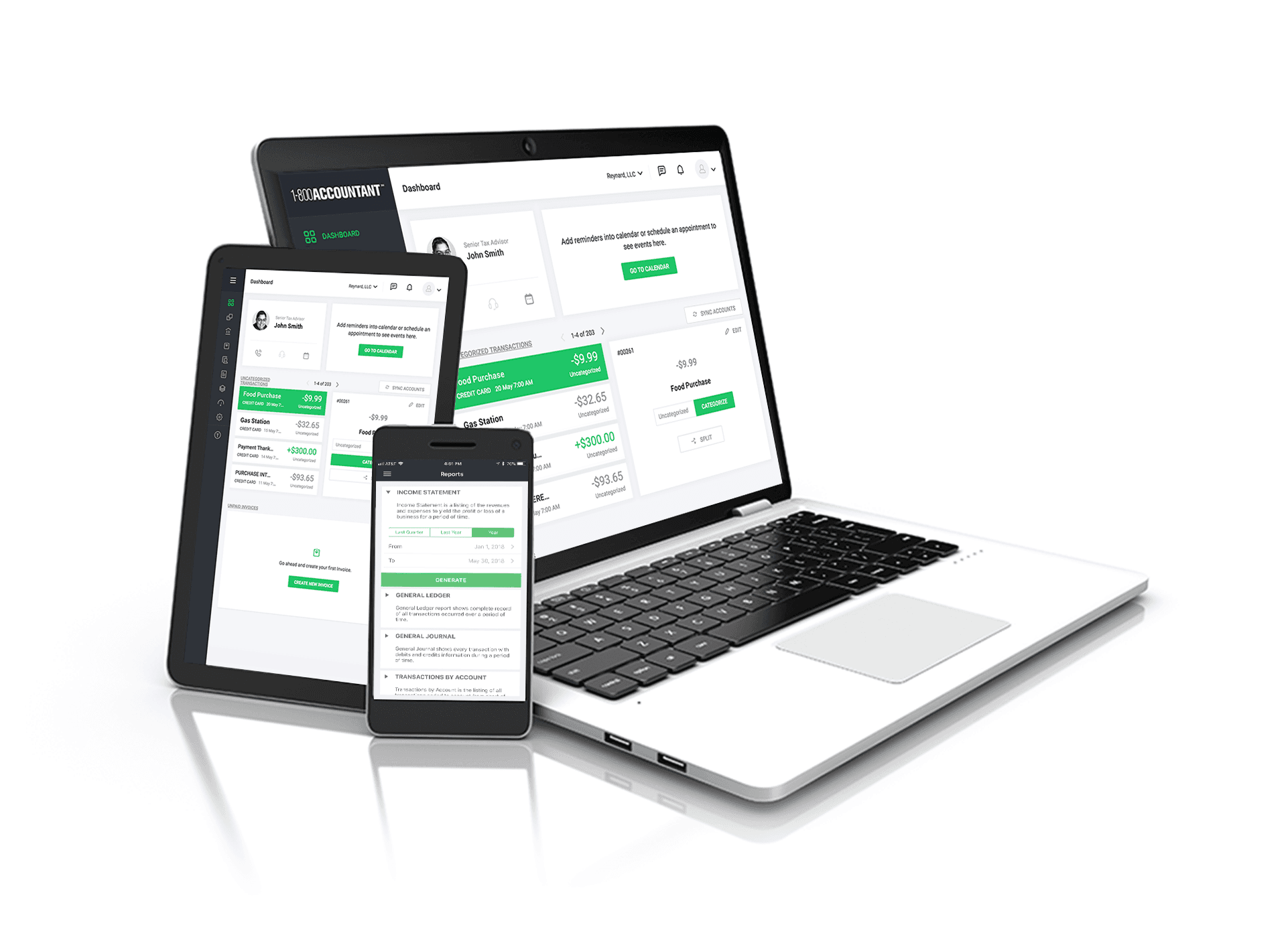 QuickBooks on mobile, tablet, and a laptop.