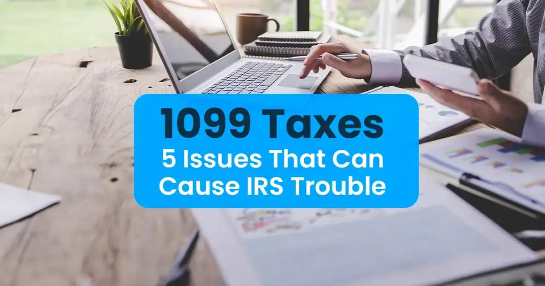 Two professionals at a desk with a laptop and documents, discussing tax issues related to a "1099 taxes - 5 issues that can cause irs trouble" presentation.