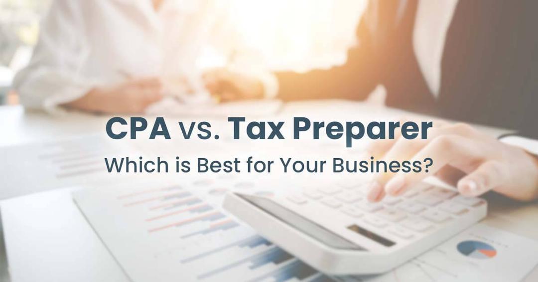 A business meeting with a close-up of hands using a calculator, documents on the desk, with text overlay "cpa vs. tax preparer - which is best for your business?.