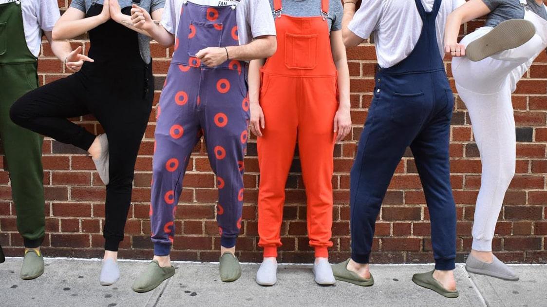 Photo of models wearing sweat overalls, called swoveralls